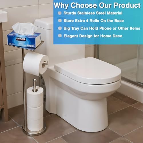 Toilet Paper Holder with Shelf, Freestanding Tissue Paper Stand with Storage Space for Extra 4 Toilet Paper Rolls (Stainless Steel Base, Brushed Nickel) - Image 2