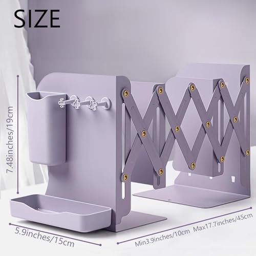 Adjustable Metal Bookends Heavy Duty for Shelves, 2 Dividers, Side Organzier, Anti-Slip Design Expandable Book Ends for Desk, Office(Purple, 18 inches Max) - Image 2