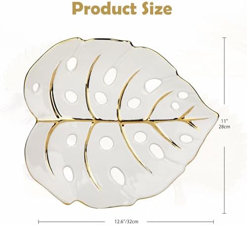 Ceramic Leaf Shaped Decorative Tray, White Gold Monstera Leaf Plate 12.6"x11" for Jewelry, Keys, Snack, Candle Holder, Modern Table Centerpiece Home Decor - Image 3
