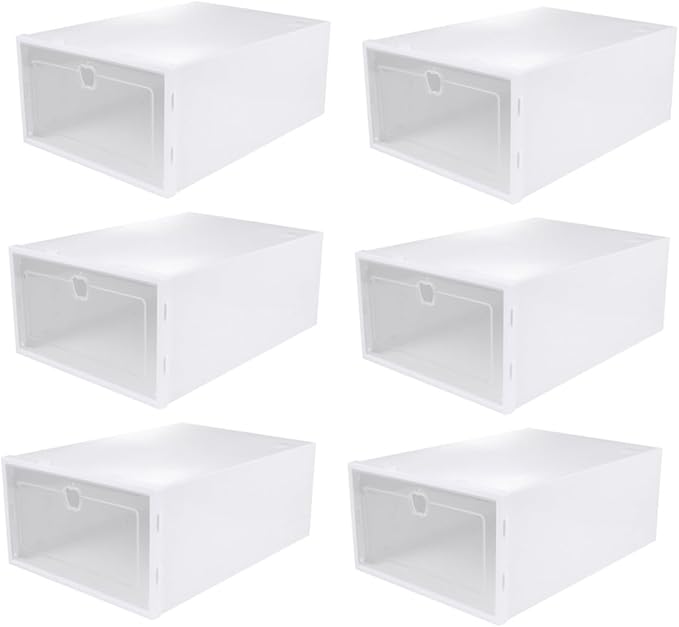 6pcs Thickened Transparent Shoe Organizer Boxes Stackable Drawer Type Shoe Holder for Sneakers and Boots PP Material Protective Storage for Closet White Frame Color