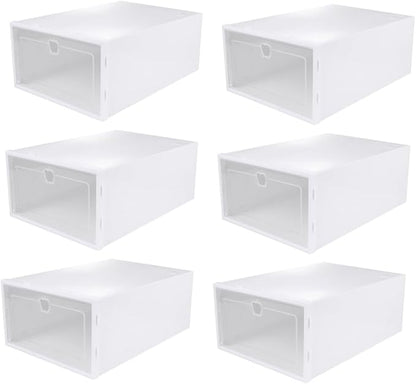 6pcs Thickened Transparent Shoe Organizer Boxes Stackable Drawer Type Shoe Holder for Sneakers and Boots PP Material Protective Storage for Closet White Frame Color