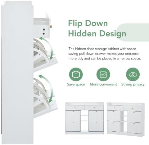FridayParts Modern Shoe Cabinet with 4 Flip Drawers, Multifunctional 2-Tier Shoe Storage Organizer with Drawers, Free Standing Shoe Rack for Entrance Hallway, White