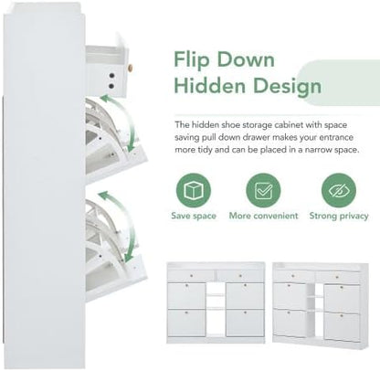 FridayParts Modern Shoe Cabinet with 4 Flip Drawers, Multifunctional 2-Tier Shoe Storage Organizer with Drawers, Free Standing Shoe Rack for Entrance Hallway, White