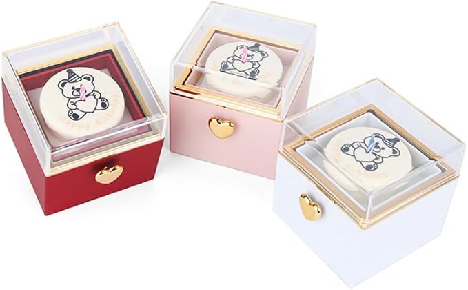 Magic Flip Jewelry Carousel with Heart Button Surprise, Rotating Transparent Gift Box - Bear Cake or Flower Design Organizer for Necklaces & Rings, Birthday Mothers Day Gifts for Women (Pink Bear)