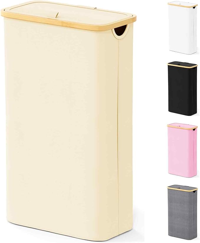 SpaceAid Slim Laundry Hamper with Lid, 65L Narrow Clothes Basket Bin with Bamboo Handles, Skinny Tall Collapsible Hamper for Bedroom, Bathroom, Dorm, Laundry Room - Beige