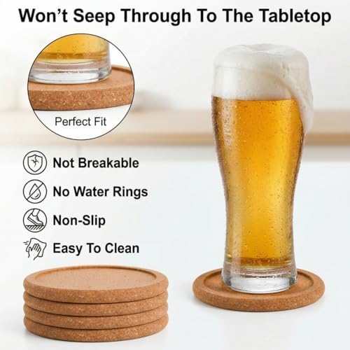 Tebery 20 Pack Round Lip Cork Coasters, 3.9 Inch Absorbent Drink Coaster with Grooved Round Edge for Bar Glass Cup Table - Image 3
