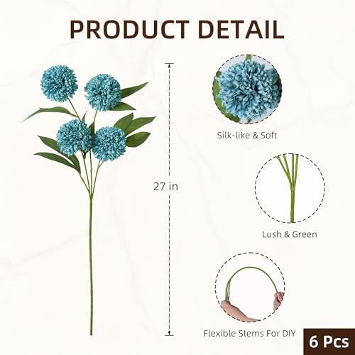 florisso Artificial Kiku Flower, 6 Pcs Faux Silk Mums Stems for Vases Fake Flowers Pompon for Fall Home Decor Realistic Floral Tables Centerpiece for Wedding DIY Bouquet Kitchen & Living Room, Blue - Image 4