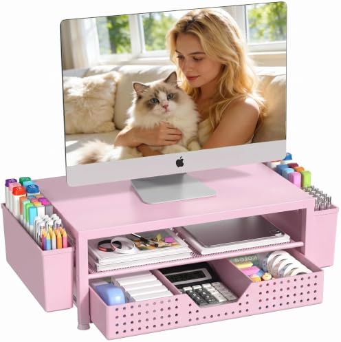 OPNICE Desk Organizers and Accessories, Computer Monitor Stand Riser with Drawer and 2 Pen Holders, Printer & Laptop Stand, Office Desk Accessories & Workspace Organizers for Home Office Supplies, Pink by OPNICE
