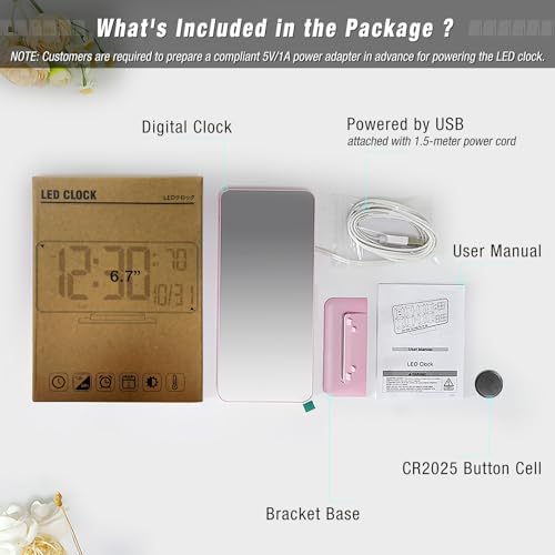 Pink Digital Clock for Bedroom 6.7in Dual Alarm Clock with Dimming, 12/24h, Seconds, Date, Day of Week, Temp, Desk Clock, LED Clock for Table Decor, Digital Calendar Table Clocks for Bedrooms KOSUMOSU - Image 4