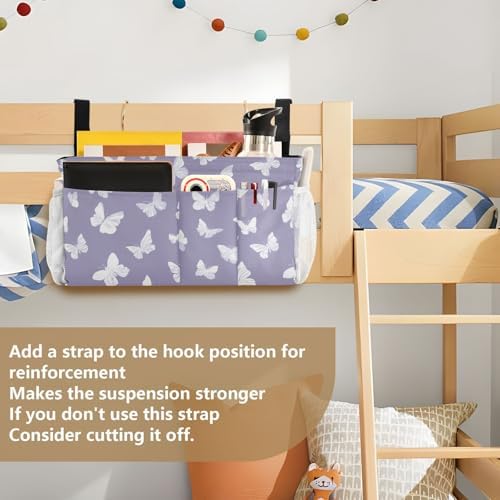 Bedside Caddy Hanging Bunk Bed Caddy Bed Organizer Hanging Pocket with 2 Hooks Bedside Storage Organizer Pocket Bag Holder White Butterfly Purple - Image 6