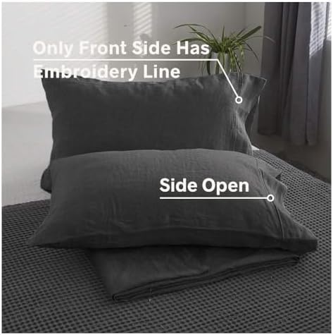 100% French Linen Pillowcases with Embroidery - Pack of 2 - Washed Solid Color Natural Flax Soft Breathable - Dark Grey, 20'' x 30'' - Image 5