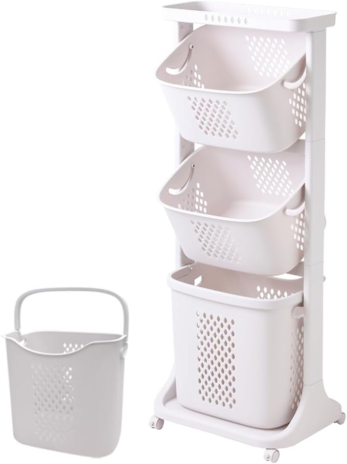 Japard 83 Litres Rolling Laundry Hamper Ultra Slim, Vertical 3 Sorter Cart with Wheels and Breaks, 3-tier Baskets Detachable for Dorm, Closet, Easy Assembly White Gray