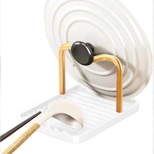 Spoon Rest with Lid Holder, Stainless Steel Lid Holder While Cooking & Organizer with Detachable Drain Tray, Anti-Rust Countertop Space Saver for Spoons, Spatulas (White Gold)