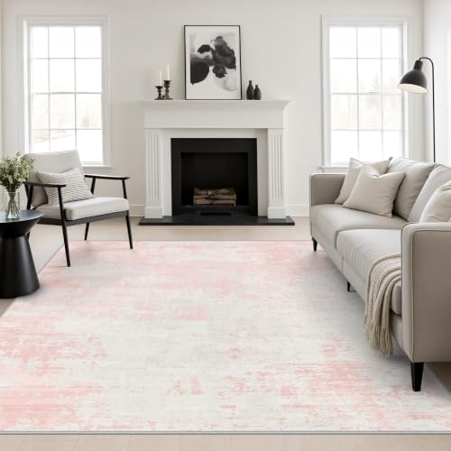 Area Rug Living Room: 6x6 Modern Washable Soft Carpet Pink White by FXRHLP