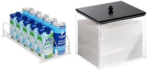 Puricon Drink Organizer for Fridge Pusher Glide Bundle with Acrylic Disposable Facial Towels Holder