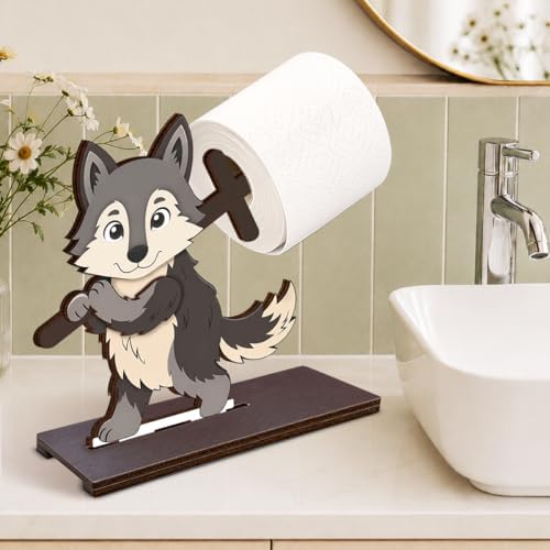 Funny Wolf Toilet Paper Holder Wooden Free Standing Bathroom Decor - Image 4