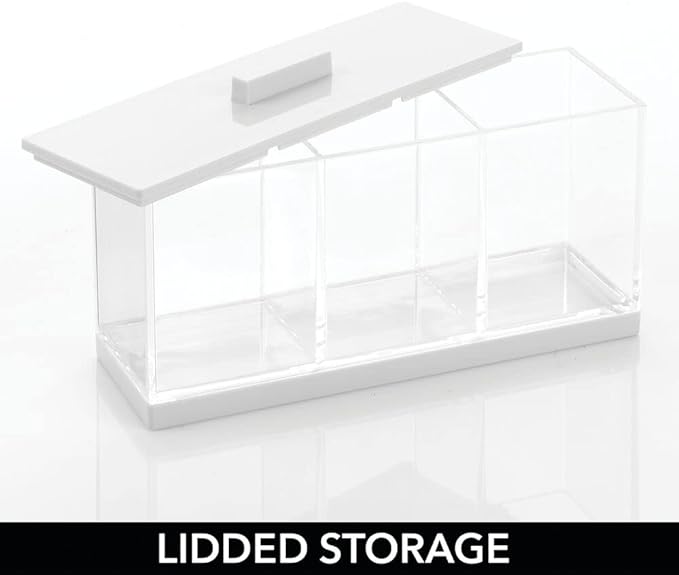 mDesign Cosmetic Divided Organizer Storage Canister Box with 3 Sections and Lid for Bathroom Vanity Countertop - Holder for Cotton Swabs, Perfume, Lipstick - Lumiere Collection - Clear/White