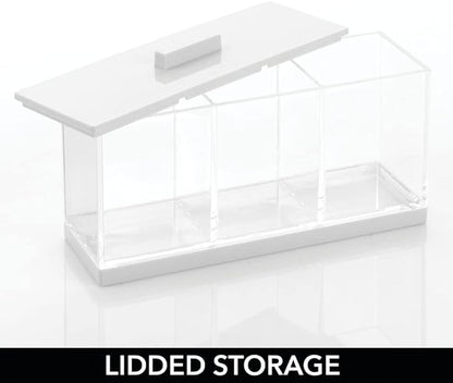 mDesign Cosmetic Divided Organizer Storage Canister Box with 3 Sections and Lid for Bathroom Vanity Countertop - Holder for Cotton Swabs, Perfume, Lipstick - Lumiere Collection - Clear/White