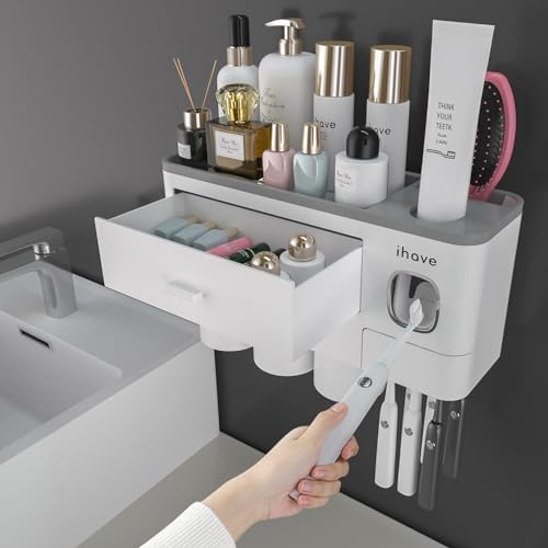 iHave Toothbrush Holders Wall Mounted with Toothpaste Dispenser & 3 Cups by ihave