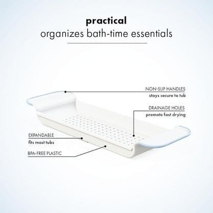 madesmart Expandable Bath Shelf, Adjustable Bathtub Tray for Bath-Night, Holds Glasses, Soaps, Toys & Bath Essentials, Non-Slip Grip, Fits Most Tubs, Blue