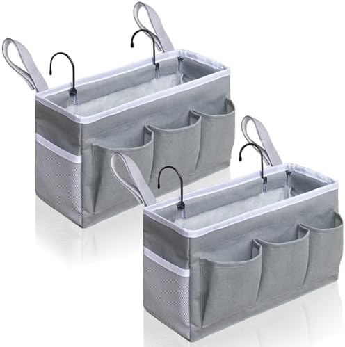 Kanrichu Bedside Caddy Hanging Storage Bag, Organizer Baskets with Pockets for Bunk Bed Accessories, Loft & Dorm Rooms Chair Bed Rails (Gray) by KANRICHU