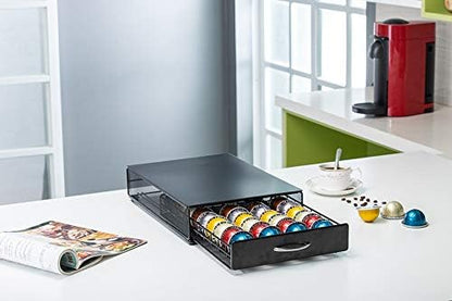 FlagShip Vertuo Pod Holder Storage Drawer for Nespresso Vertuo Capsule Organizer Drawer Tray with Mesh Shelves for Nespresso Vertuo Holder Black Metal (40 Pods Capacity)