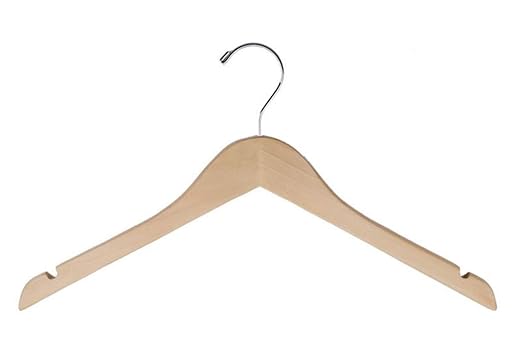 NAHANCO 8117CHHU 17" Flat Wood Hanger with Notches, Chrome Hook, Natural (Pack of 25)