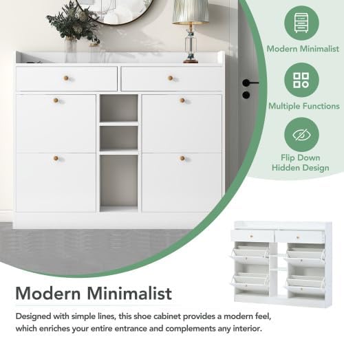 FridayParts Modern Shoe Cabinet with 4 Flip Drawers, Multifunctional 2-Tier Shoe Storage Organizer with Drawers, Free Standing Shoe Rack for Entrance Hallway, White