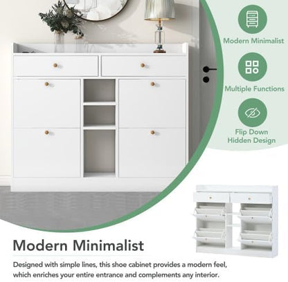 FridayParts Modern Shoe Cabinet with 4 Flip Drawers, Multifunctional 2-Tier Shoe Storage Organizer with Drawers, Free Standing Shoe Rack for Entrance Hallway, White