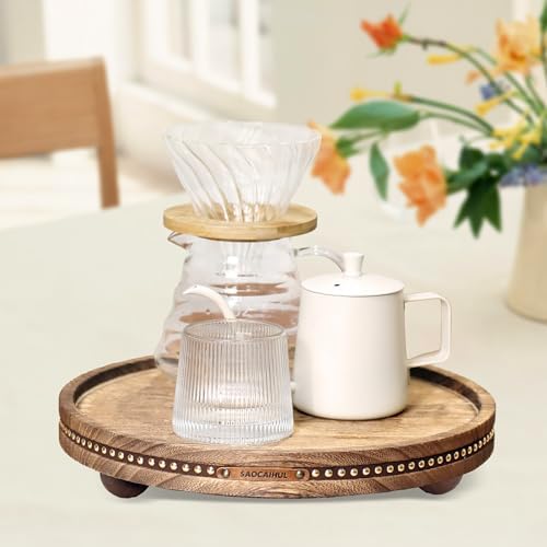 Round Wooden Decorative Tray Coffee Table Tray Home Decor 11.8" Rustic - Image 4