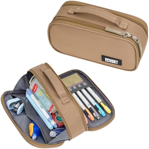 ECHSRT Large Tactical Pencil Case, 3-Compartment Pen Pouch Organizer, Khaki by ECHSRT