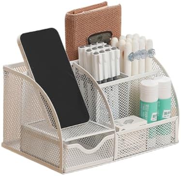 Metal Mesh Office Supply Stationery Organizer Desk Pencil Pen Holder Pot Makeup Brush Cosmetic Organizer for Home School Office (White) by Jaugufiy