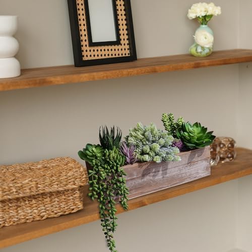 Winlyn Artificial Succulent Arrangement 14" Assorted Faux Succulents Plants in Rustic Rectangular Wooden Box Potted Succulents Plants for Farmhouse Home Table Centerpiece Windowsill Greenery Décor - Image 3