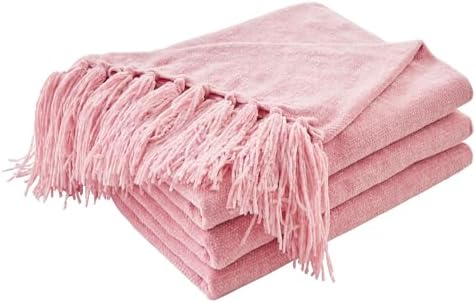 CozeCube Chenille Throw Blanket, Pink Fringe Blanket, 50"X60" by CozeCube