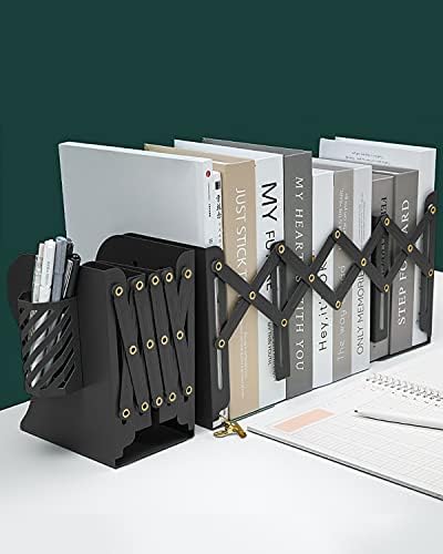MSDADA Adjustable Bookends, Book Ends for Heavy Books, Expandable Book Organizer with Pen Holder for Desk, Shelf, Office,School, Thanksgiving for Students and Teachers (Black) - Image 5