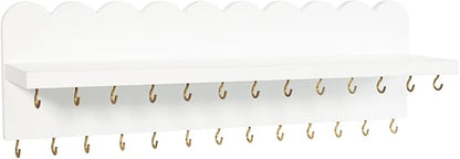 Wall Mount Jewelry Organizer with 26 Hooks and Cosmetics Shelf, Modern Wood Hanging Jewelry Holder for Necklaces, Bracelets, Earrings and Rings, White
