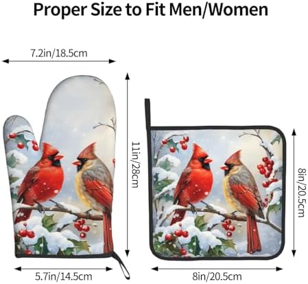 Vintage Winter Oven Mitts and Pot Holders Sets Classic Red Bird Prints Oven Mitts Heat Resistant Snow Tree Kitchen Gloves Hot Pads Two Piece Set for Cooking Baking Grilling BBQ - Image 3
