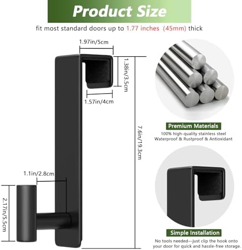 Stainless Steel Over The Door Hooks Heavy Duty, Bathroom Towel Holder Door Mount Coat Rack Towel Rack for Bedroom, Doors Hangers Towel Hooks for Bathroom Dorm Essentials (Black, 2 Pack) - Image 2