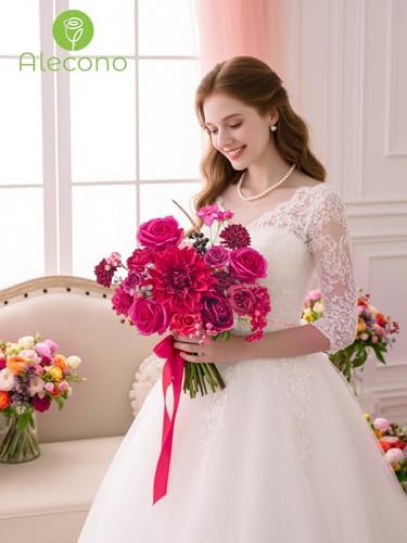 Alecono Hot Pink Artificial Flowers, Silk Fake Roses Floral Set - Image 4