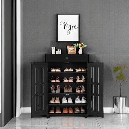 Topeakmart Shoe Rack Storage Cabinet Shelf 5 Tier Adjustable Shoes Organizer with Drawer Louvered Door for Entryway Hallway Furniture Living Room Black