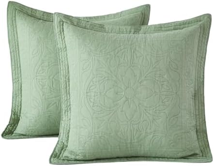 WINLIFE 100% Cotton Quilted Euro Sham Covers, 2 Pack Cotton 26'' x 26'' Pillow Covers, Soft and Breathable Euro Shams, Square Pillow Shams, Sage Green by WINLIFE