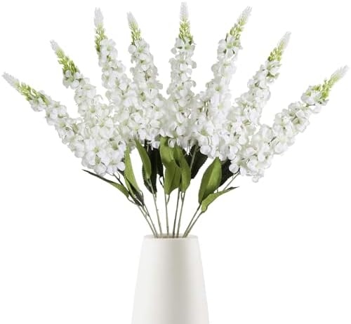 IPOPU 8PCS White Snapdragon Artificial Flowers Delphinium Artificial Silk Flowers Long Stem Hyacinth Fake Flowers for Wedding Home Outdoor Party Floral Arrangement Centerpiece Table Decoration (White) by IPOPU