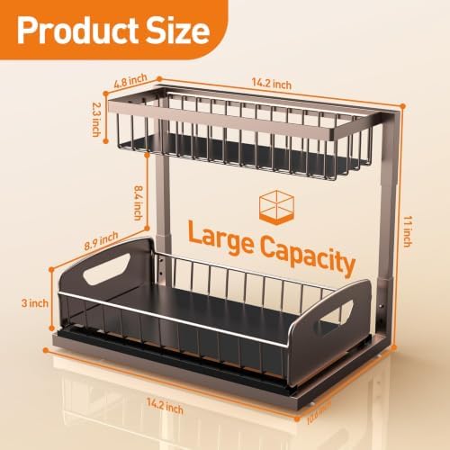 Under Kitchen Sink Organizer, Metal Pull Out Bathroom Organizers and Storage, 2-Tier Cabinet Organizer Shelf with Sliding Drawer, Home Organization for Kitchen, Laundry, Pantry, Brown, 2 pack - Image 2