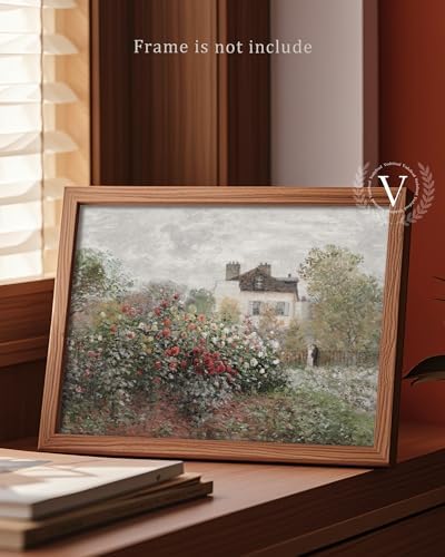 Vodefoad Vintage Rose Garden Wall Decor, Country Landscape Wall Art, Cottage Flower Garden Landscape Oil Art Print, Pastoral Style Retro Wall Decor for Gallery Living Room Bedroom (UNFRAMED 8x10in) - Image 2