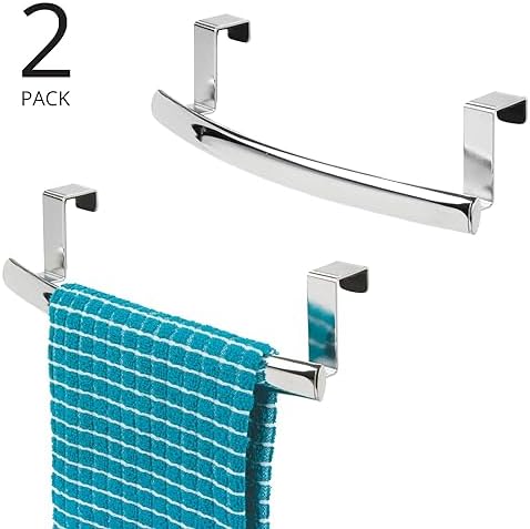mDesign Steel Over Door Curved Towel Bar Storage, Hanger for Cabinet or Cupboard, Holder Rack for Kitchen, Bathroom - Holds Hand/Dish Towels, Washcloths - Spira Collection - 2 Pack - Chrome - Image 2