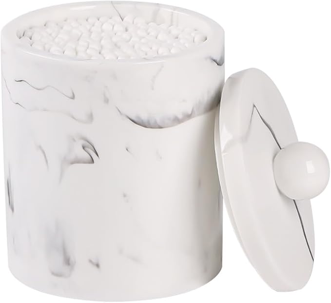 Marble Qtip Holder with Lid, White Resin Cotton Swab Container, Small Apothecary Storage Jars, Bathroom Q-Tip Holder for Cotton Balls, Swabs, Pads, Floss Picks