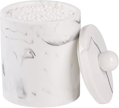 Marble Qtip Holder with Lid, White Resin Cotton Swab Container, Small Apothecary Storage Jars, Bathroom Q-Tip Holder for Cotton Balls, Swabs, Pads, Floss Picks
