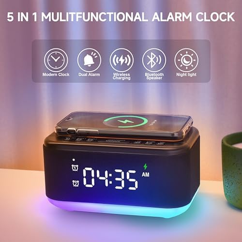 Alarm Clock Speaker Wireless Charger, Digital Alarm Clocks Bedrooms Bluetooth, Alarm Clock Dimmable Light Bedrooms Dual Alarm Snooze Dimmer 12 24H RGB Night Light Bluetooth USB AUX, Black - Image 2