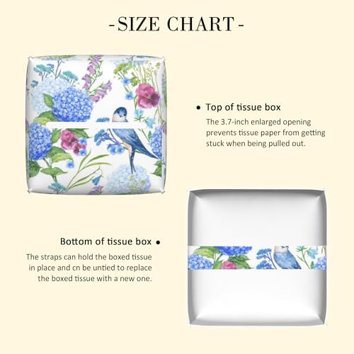 Leather Tissue Box Holder Bird with Blue Hydrangea Tissue Box Cover Square Waterproof Tissue Holder Organizer Modern Napkin Holder for Bedroom Dresser Night Stand Office Desk - Image 3