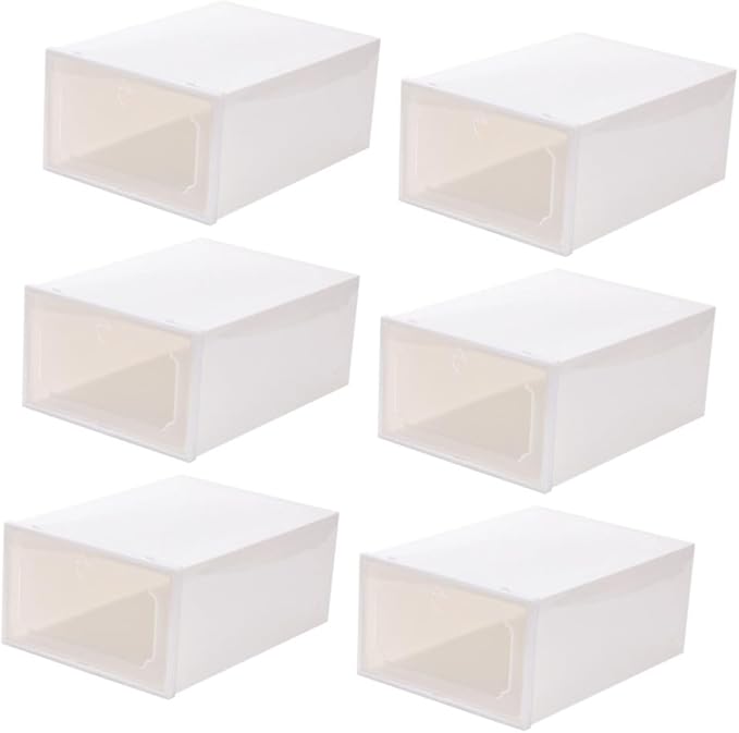6pcs Large Capacity Plastic Shoe Organizer Boxes with Flip- Design, Stackable Storage Cases for Home Closet Shoes, Pearl White